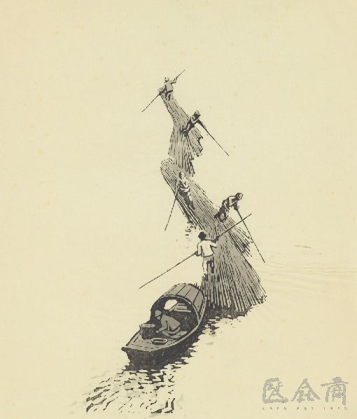 新中国成立以后,古元版画的探索:《竹排》