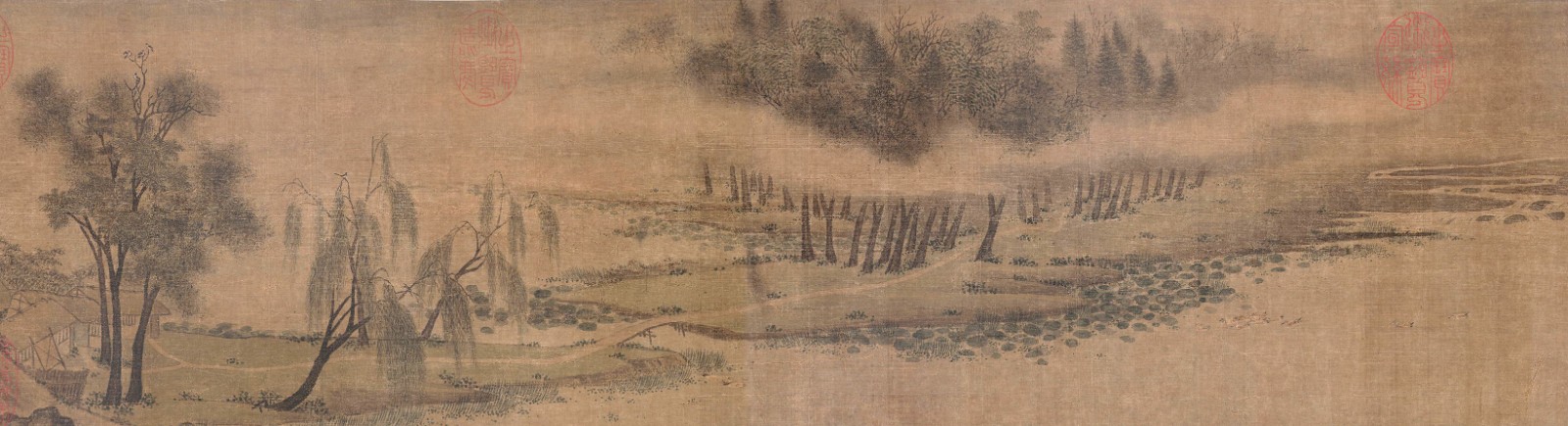 图7 (传)赵令穰《湖庄清夏图》卷首段的反向图 绢本设色 19.1×161.